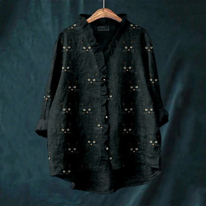 Cute Cat Face Pattern Cozy Linen Ruffle Shirt elevenforest