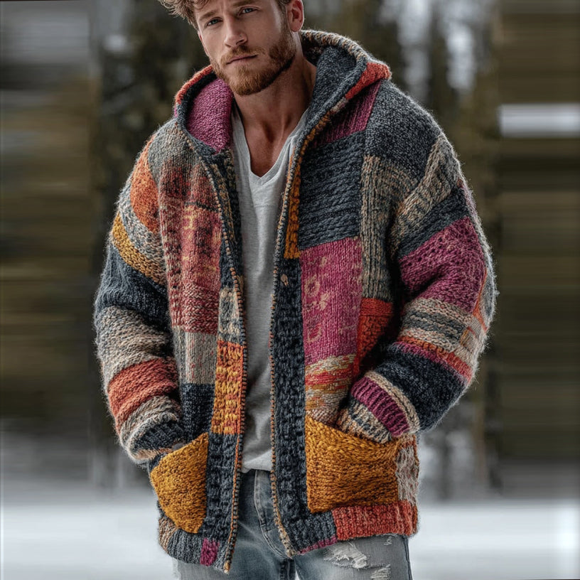 Men's Vintage Geometric Block Knit Hooded Sweater artswardrobe