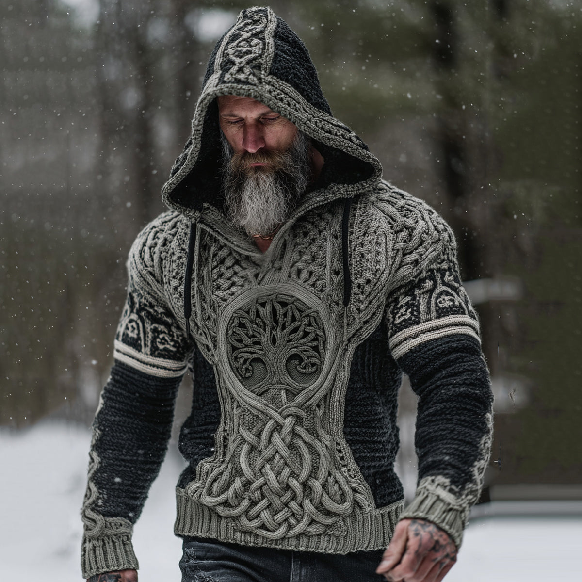 Men's Viking Tribal Jacquard Celtic Knotwork Tree Of Life Inspired Chunky Knit Hooded Sweater artswardrobe