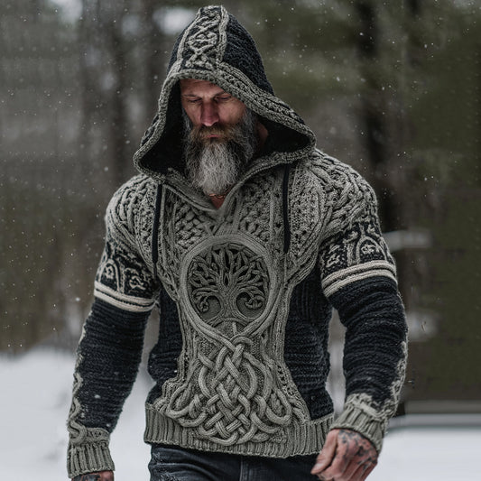 Men's Viking Tribal Jacquard Celtic Knotwork Tree Of Life Inspired Chunky Knit Hooded Sweater artswardrobe