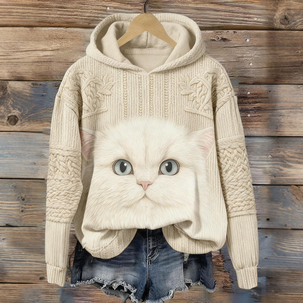 Comstylish Cute Fuzzy Cat Art Knit Pattern Vintage Cozy Hoodie