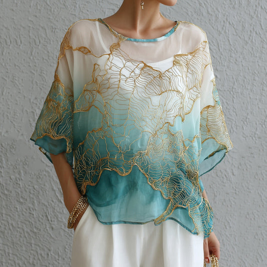 Vintage Marble Texture Collection Retro Bohemia Women Style Gradient Gilded Pattern Linen Round Neck T-shirt artswardrobe