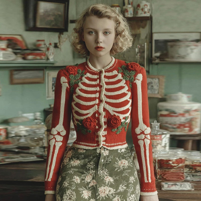 Women's Halloween Anatomy Floral Art Cozy Knit Sweater Cardigan artswardrobe