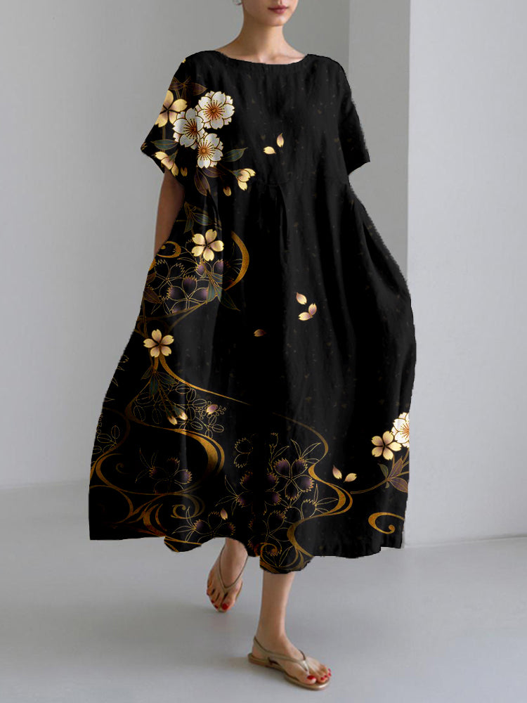 Japanese Cherry Blossoms Art Linen Blend Maxi Dress