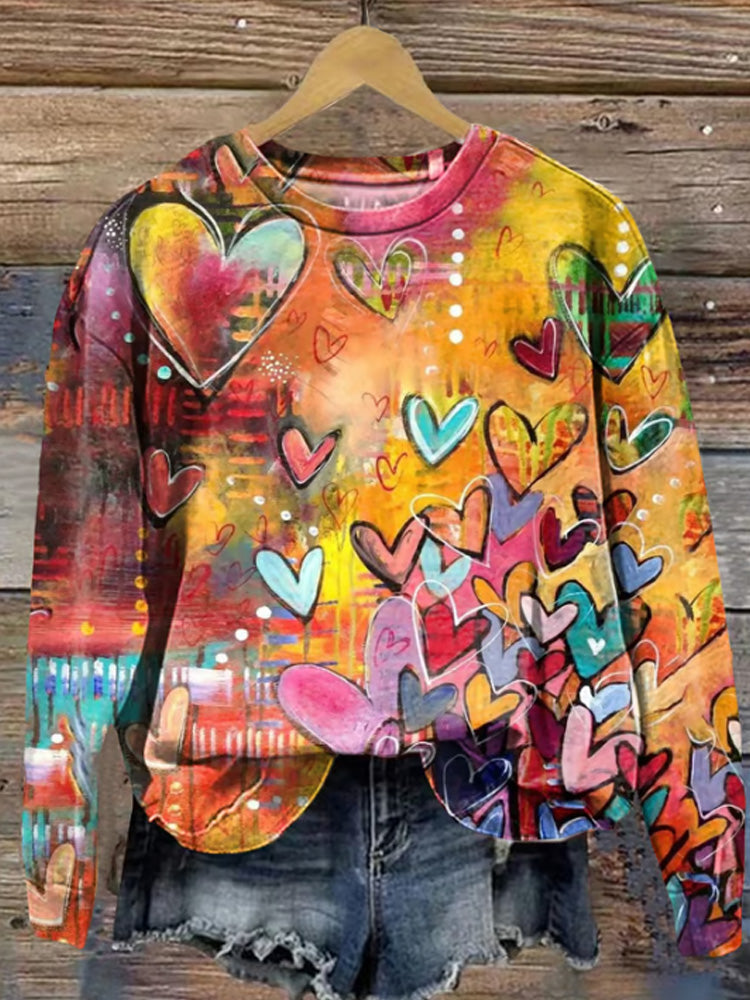 Comstylish Women's Retro Graffiti Heart Print Casual Crewneck Sweatshirt