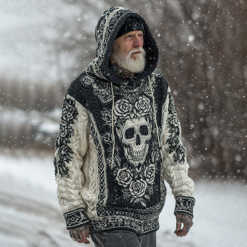 Men's Viking Tribal Jacquard Celtic With Rose And Skull Inspired Chunky Knit Hooded Sweater elevenforest