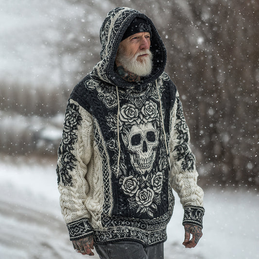 Men's Viking Tribal Jacquard Celtic With Rose And Skull Inspired Chunky Knit Hooded Sweater elevenforest
