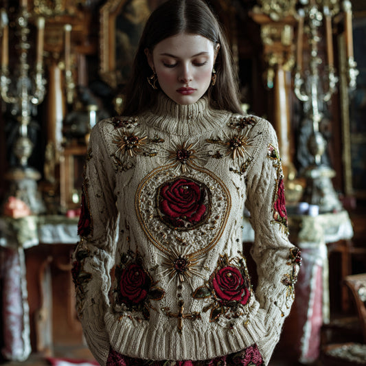 Women's Halloween Red Rose High Collar Sweater artswardrobe