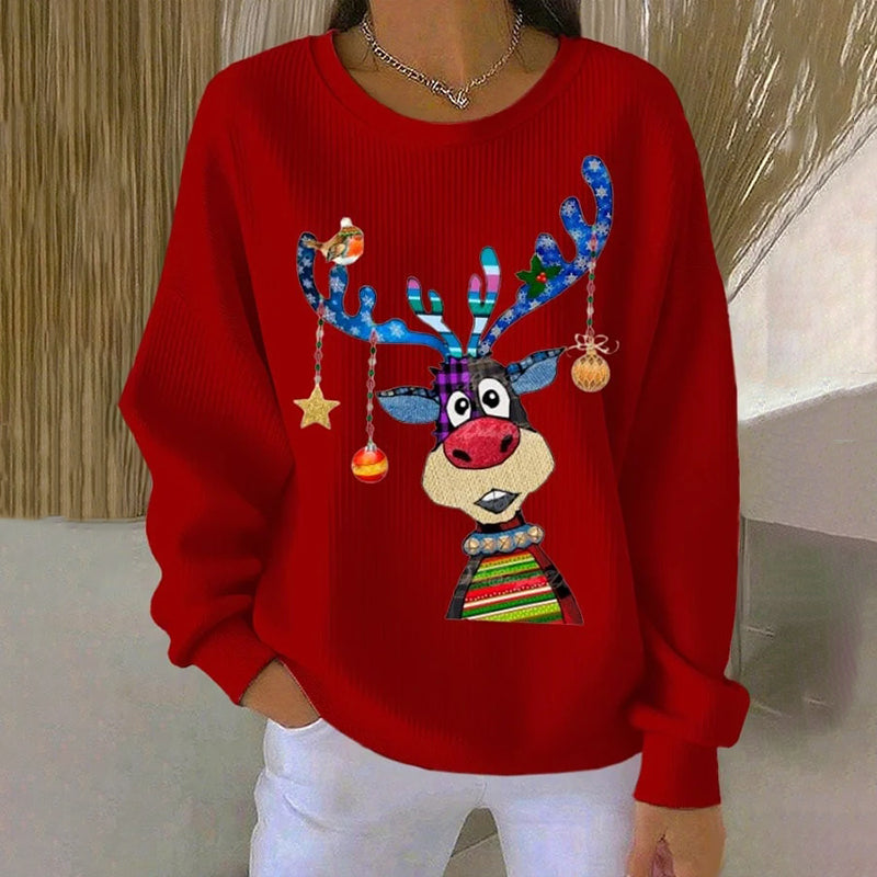 Comstylish Women's Christmas Elk Print Crew Neck Long Sleeve Sweatshirt