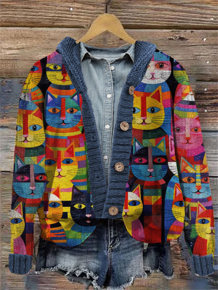 Colorful Cute Cats Embroidered Hooded Cardigan artswardrobe