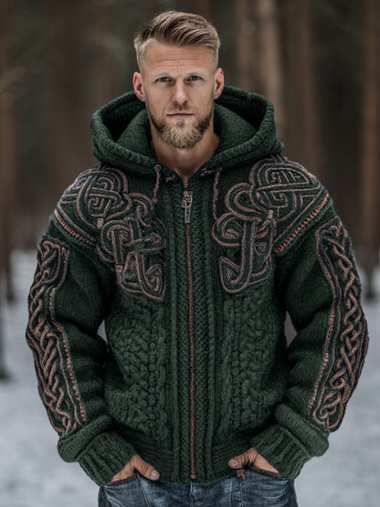 Men's Vintage Viking Celtic Knot Art Chunky Knit Hooded Zip-up Sweater artswardrobe