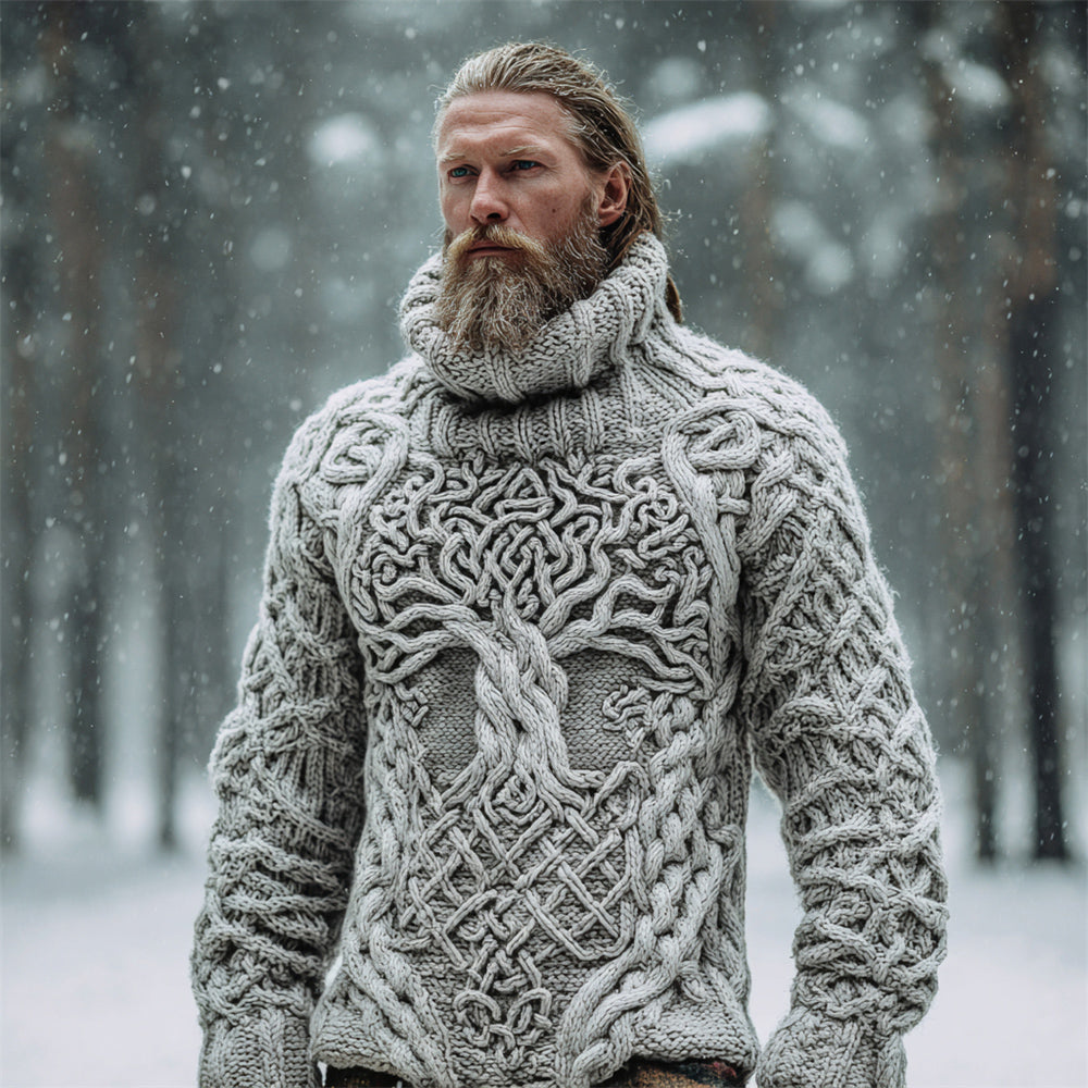 Nordic Myth Tree Of Life Men's Chunky Knit Turtleneck Sweater elevenforest