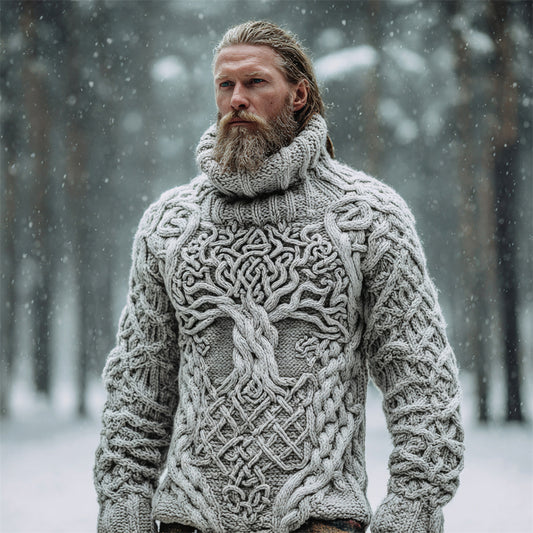 Nordic Myth Tree Of Life Men's Chunky Knit Turtleneck Sweater elevenforest
