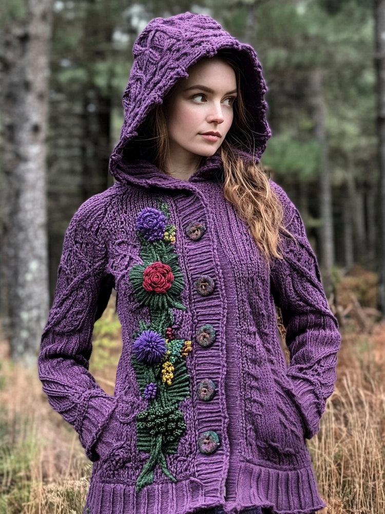 Scottish Thistle Knit Floral Women's Hooded Sweater Long Cardigan artswardrobe