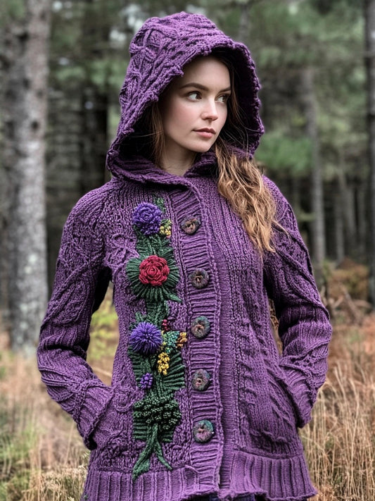 Scottish Thistle Knit Floral Women's Hooded Sweater Long Cardigan artswardrobe