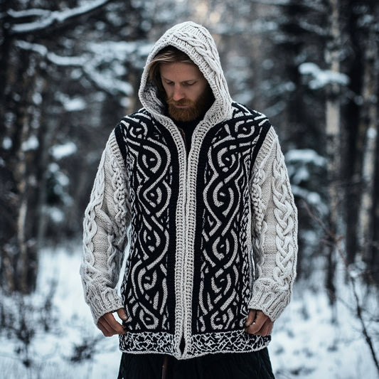 Men's Viking Celtic Knot Jacquard Contrast Hooded Sweater artswardrobe