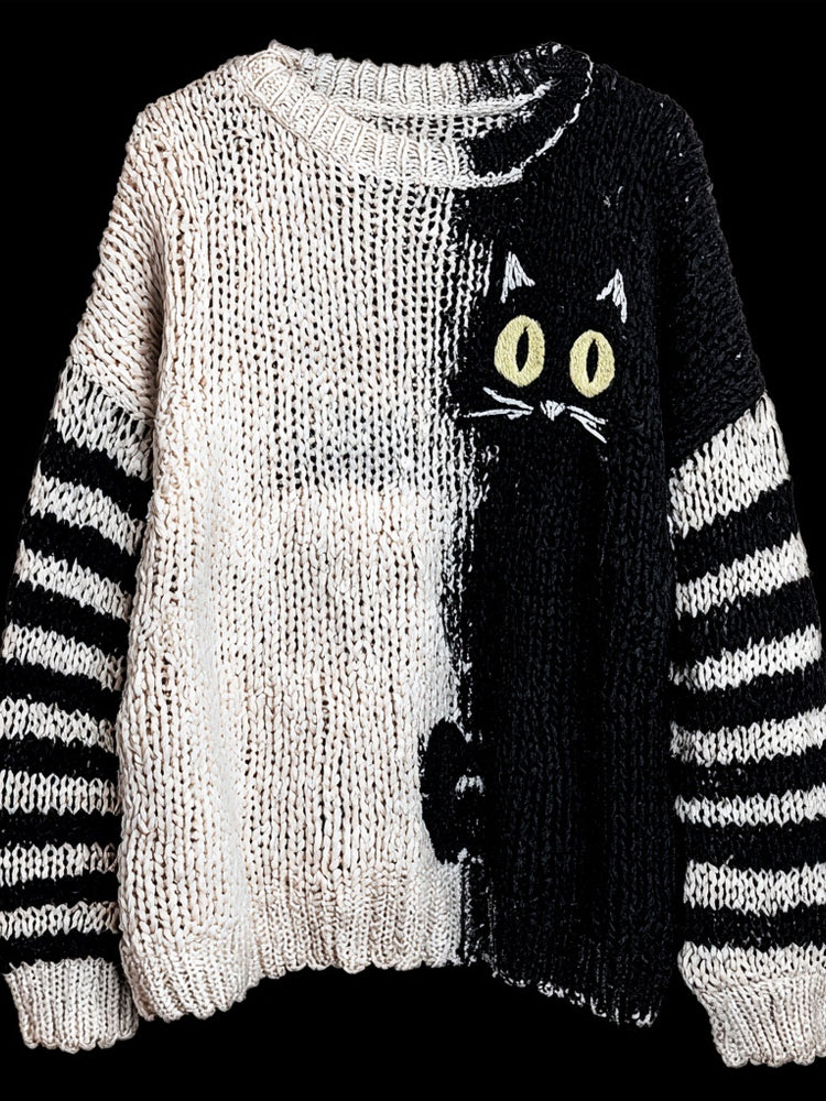 Comstylish Halloween Black Cat Contrast Color Cozy Knitted Sweater