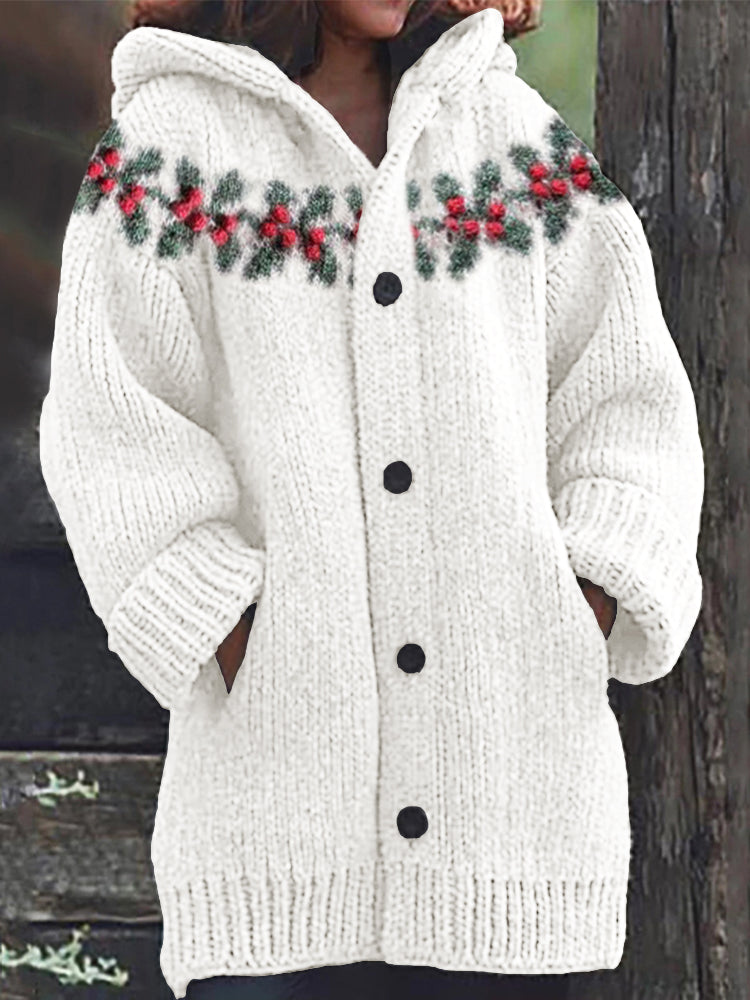 Christmas Ardisia Crenata Yoke Jacquard Cozy Knit Hooded Cardigan elevenforest