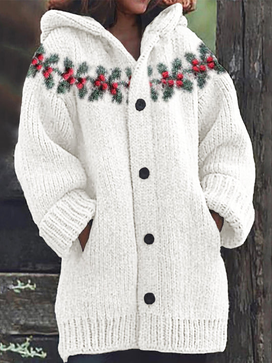 Christmas Ardisia Crenata Yoke Jacquard Cozy Knit Hooded Cardigan elevenforest