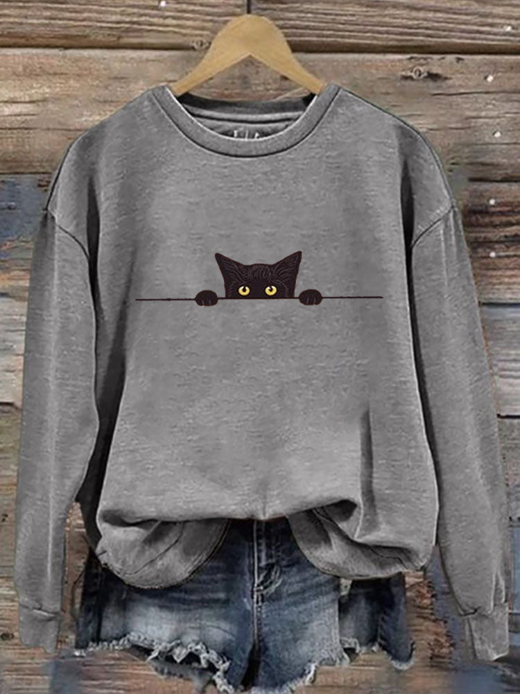 Comstylish Women's Casual Funny Black Cat Print Sweatshirt