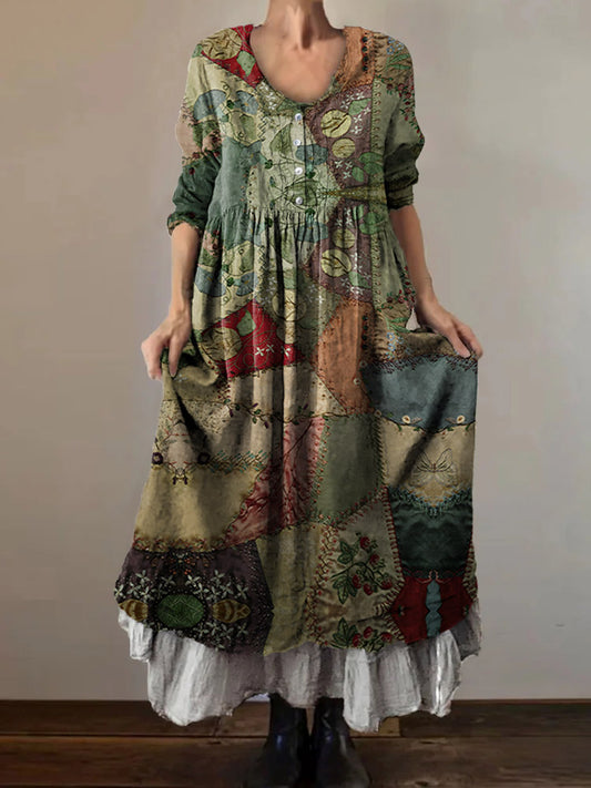 Women's Floral Patchwork Pattern Art Print V-Neck Button Pocket Cotton