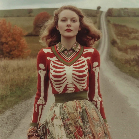 Women's Vintage Skull Rib Art V Neck Cozy Knit Pullover Sweater artswardrobe