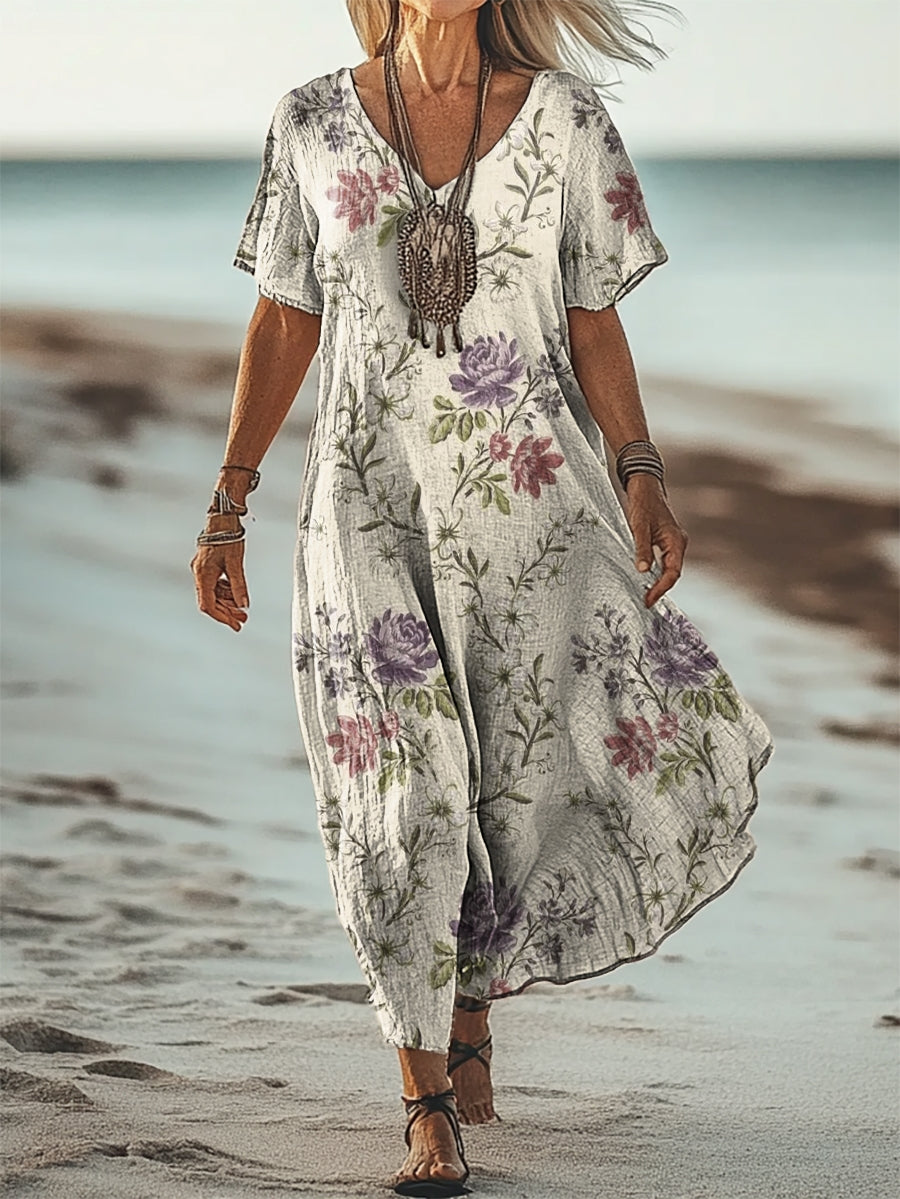 Women's Folk Art Floral Print Flowy Pocket Cotton Dress