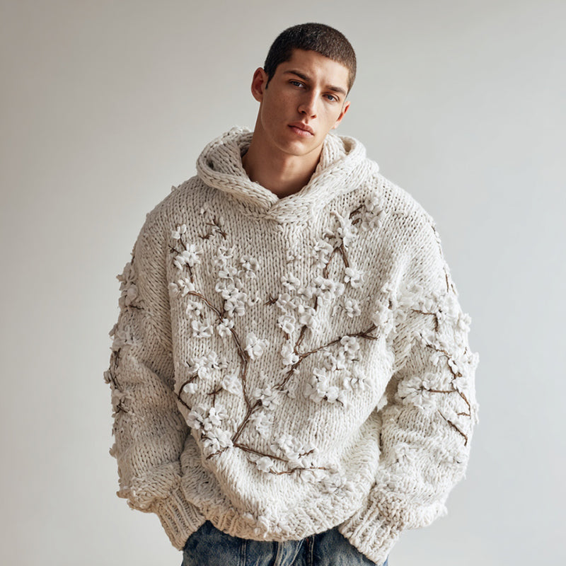 Men's Japanese White Almond Blossom Warm Hooded Sweater artswardrobe