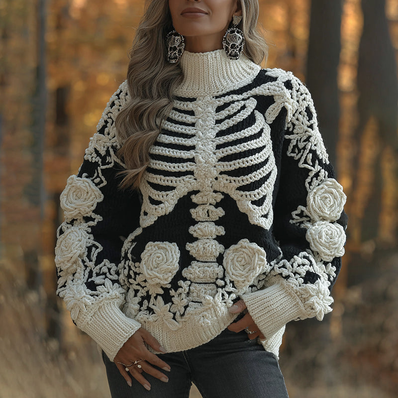 Women's Halloween Skeleton Bones With White Roses Art Knitted Warm Turtleneck Sweater artswardrobe