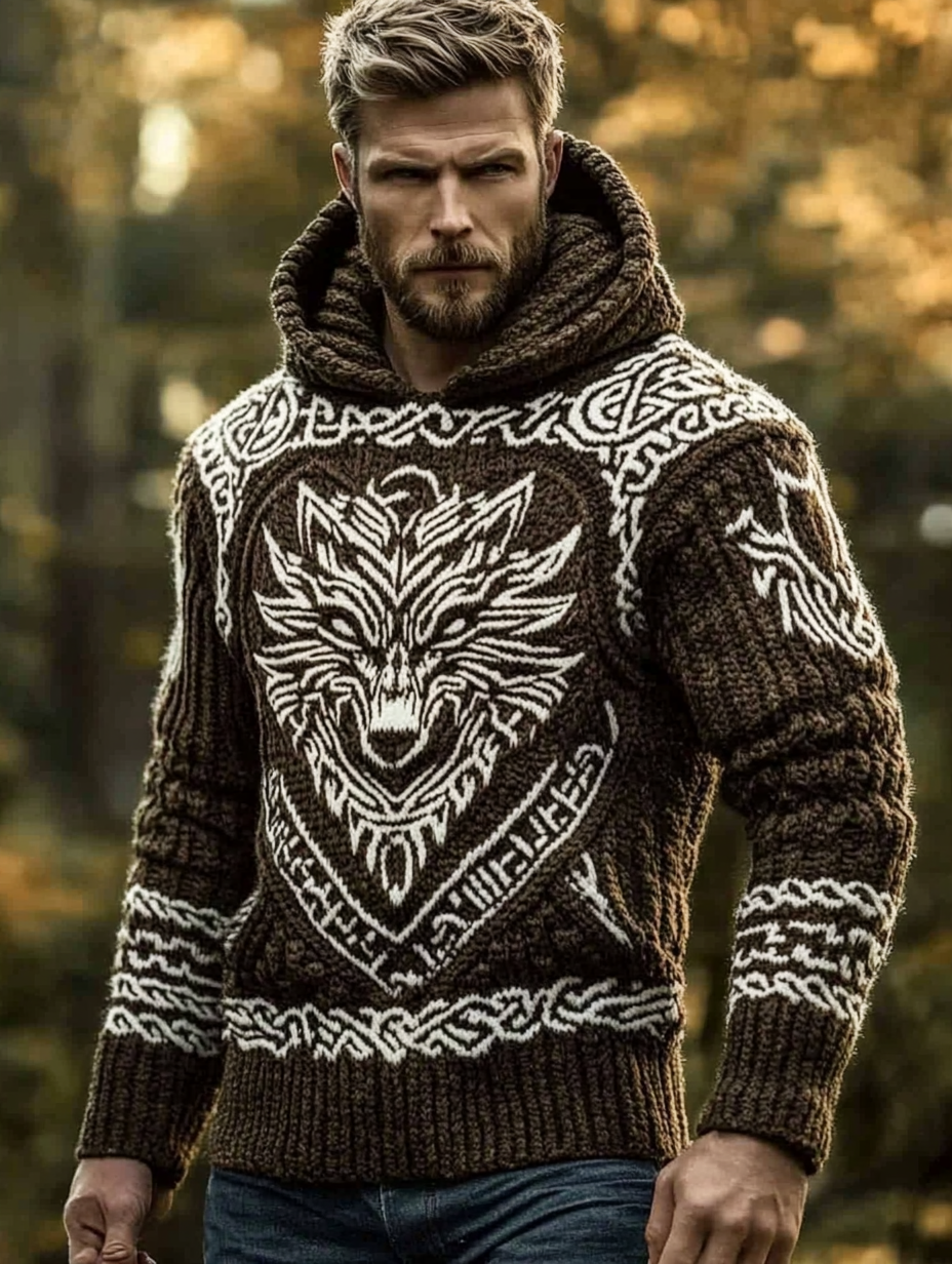 Men's Viking Tribe Wolf Jacquard Celtic Style Knitted Hooded Sweater artswardrobe