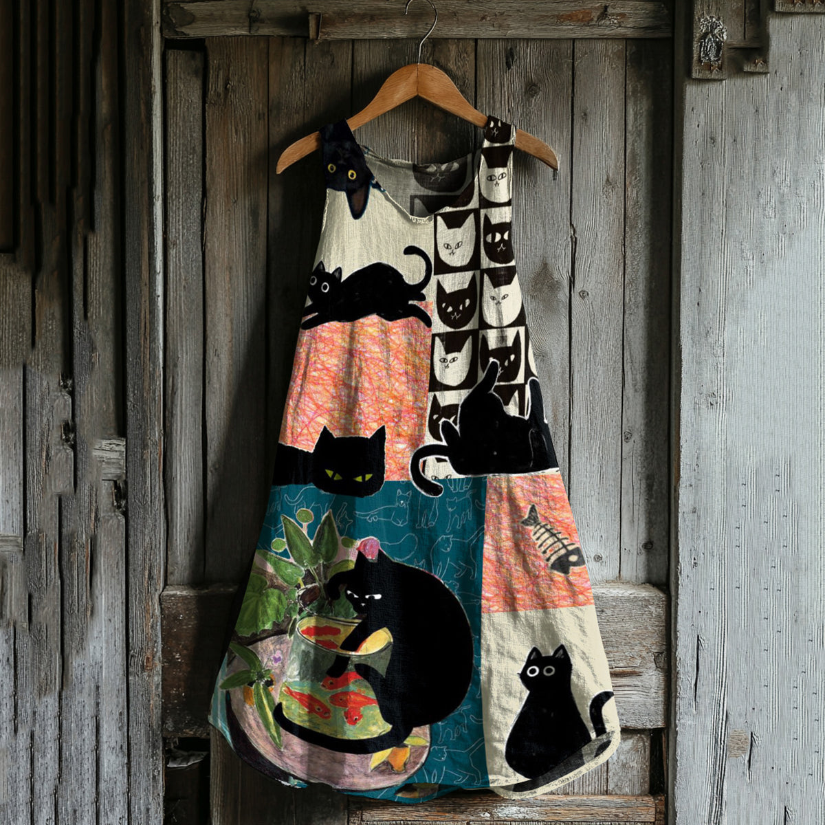 Vintage Cute Cats Patchwork Art Linen Blend Tank Dress elevenforest