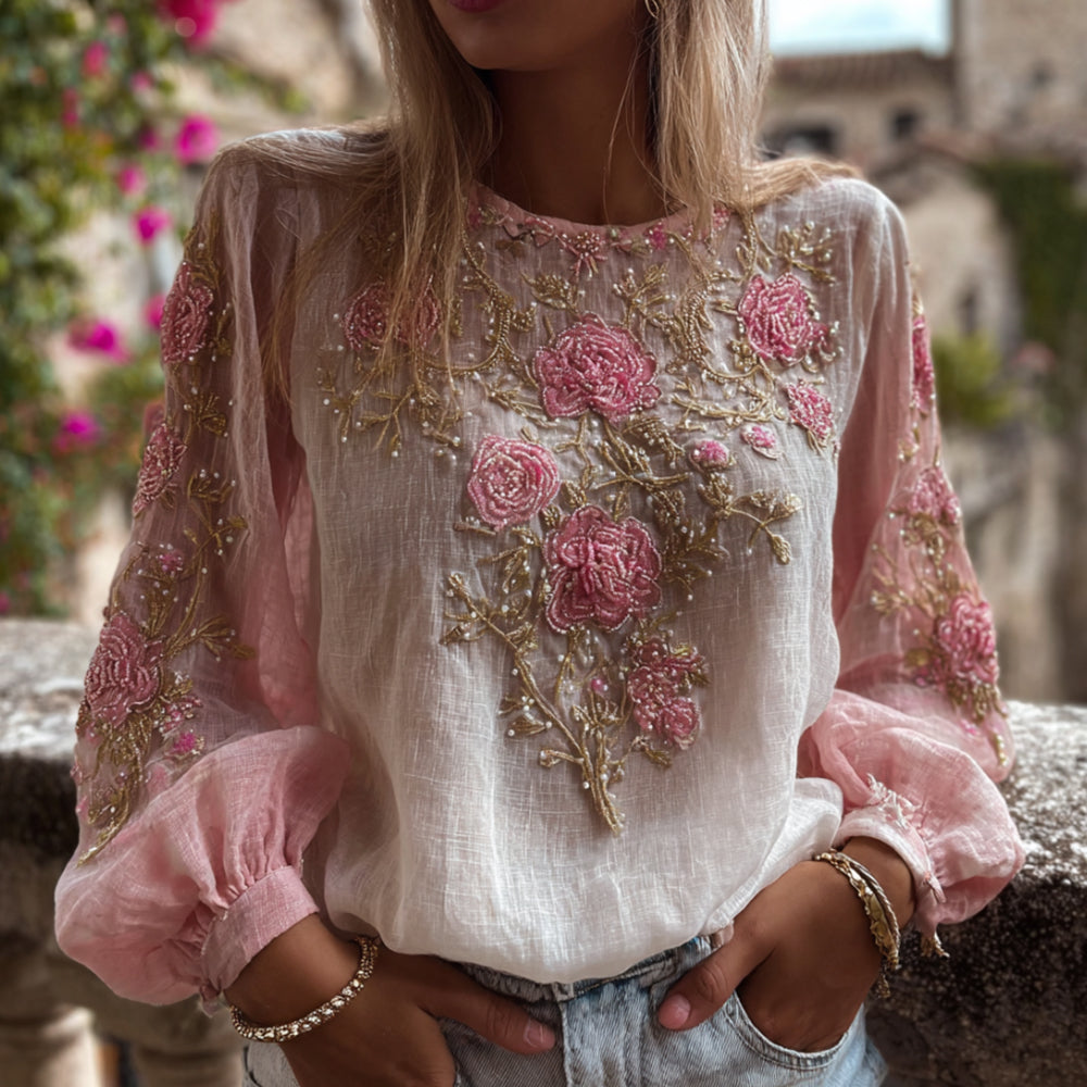 Comstylish Bohemian Vintage Three-dimensional Flower Pink Long-sleeved Casual Top
