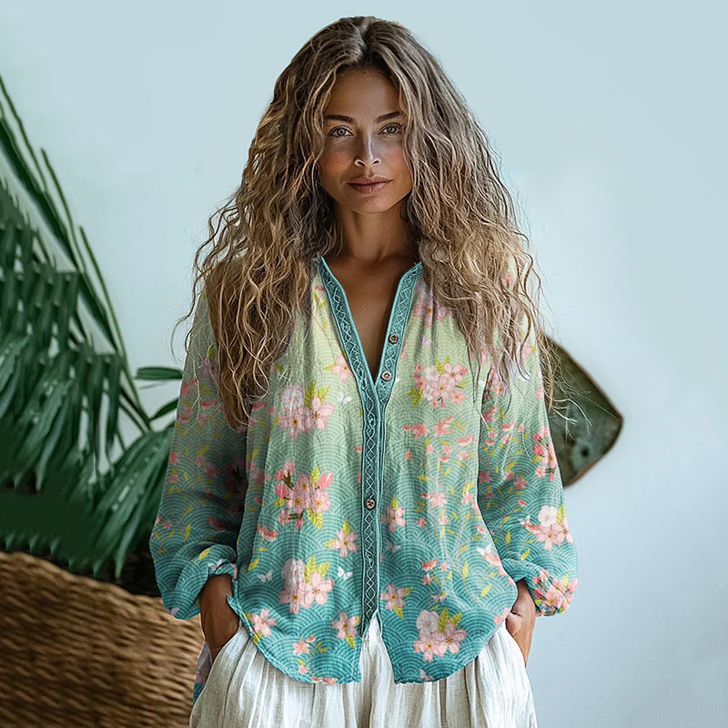 Comstylish Bohemian Style Linen Sakura Blossom Waves Art Print Long Sleeve Shirt