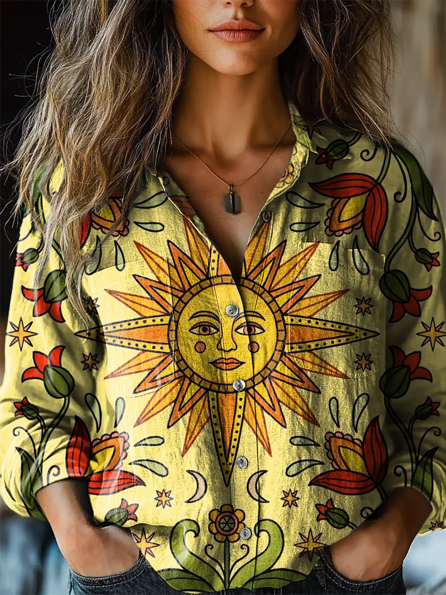 Women's Vintage Sun Art Print Casual Long Sleeve Comfortable Cotton Sh