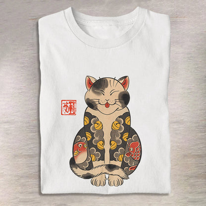 Comstylish Cute Japanese Ukiyoe Tattoo Cat Print T-Shirt