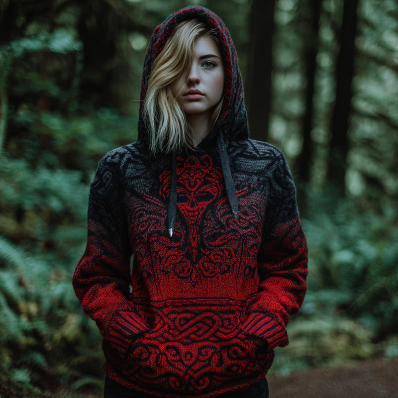 Women's Vintage Viking Tribal Celtic Skull Gradient Art Chunky Knit Hooded Sweater artswardrobe