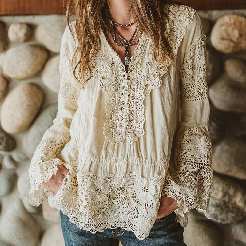 Women's Retro Froal With Lace Embroidery Art V-neck Shirt elevenforest