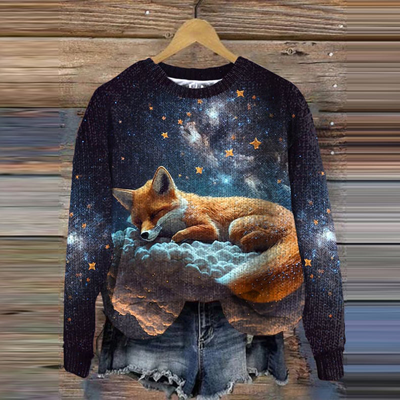Women's Starry Sky Sleeping on the Clouds Fox Print Cozy Knit Sweater artswardrobe