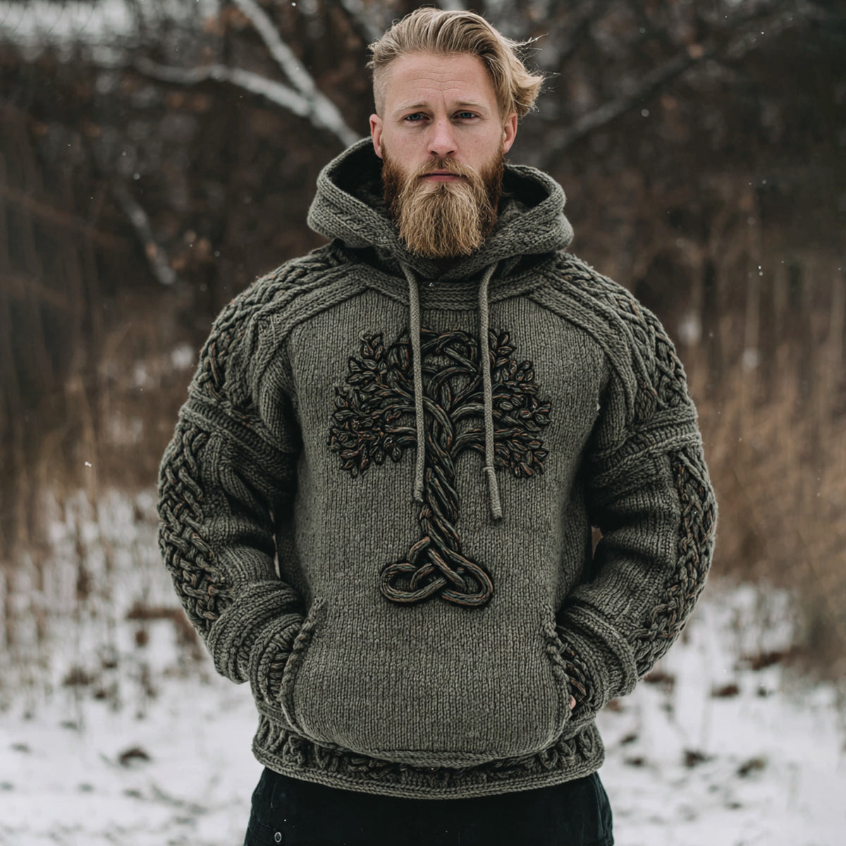 Vintage Viking Tree Of Life Celtic Knot Art Men's Jacquard Knit Hooded Sweater artswardrobe
