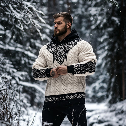 Men's Viking Tribal Jacquard Celtic Inspired Chunky Knit Hooded Sweater elevenforest