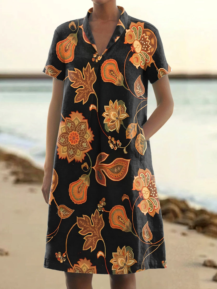 Women's Vintage Folk Art Floral Pattern Print V-Neck Linen Pocket Dres