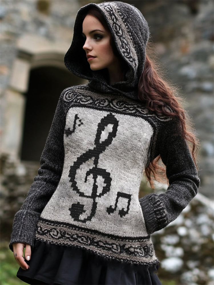 Vintage Treble Clef Music Notes Celtic Cozy Knit Hooded Sweater elevenforest