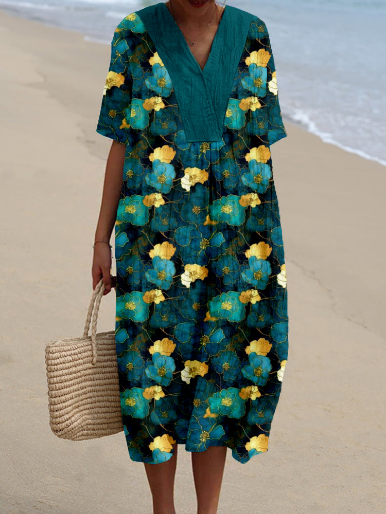 Majestic Teal and Gold Japanese Floral Art Midi Dress
