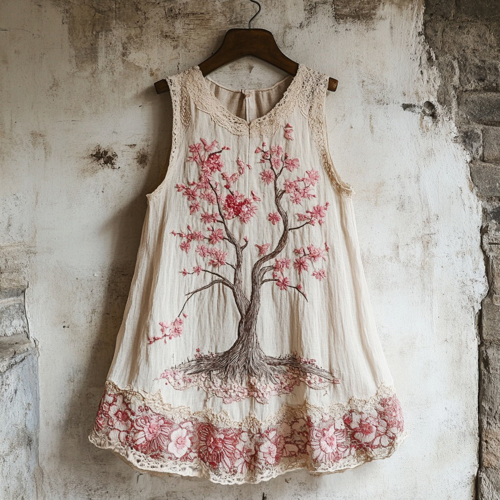 Women's Cherry Blossom Embroidery Lace Art Linen Tank artswardrobe