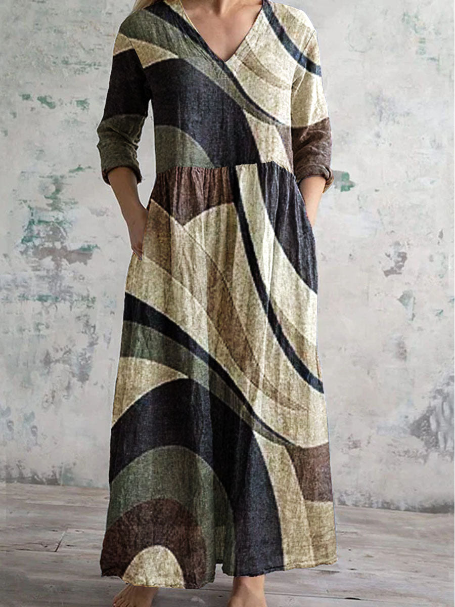 Women's V-Neck Retro Geometric Pattern Cotton And Linen Dress