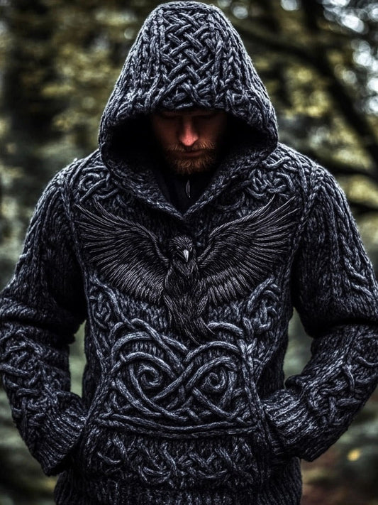 Men's Viking Raven Inspired Celtic Chunky Hooded Sweater elevenforest