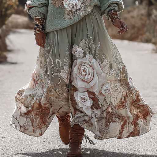 Classic Rose Art Cozy Knit Round Neck Sweater And Linen Skirt Two-piece Set artswardrobe