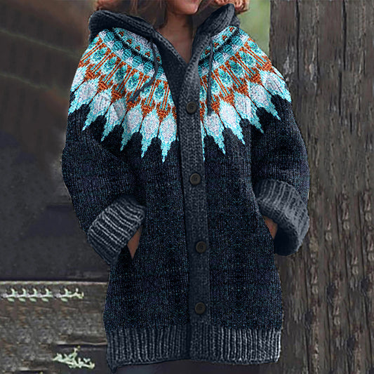 Vintage Geometry Color Block Jacquard Button Down Cozy Sweater elevenforest