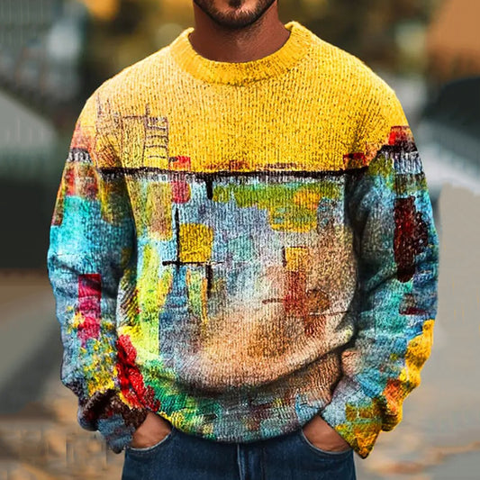 Men's Vintage Oil Painting Art Knitted Crew Neck Sweater elevenforest