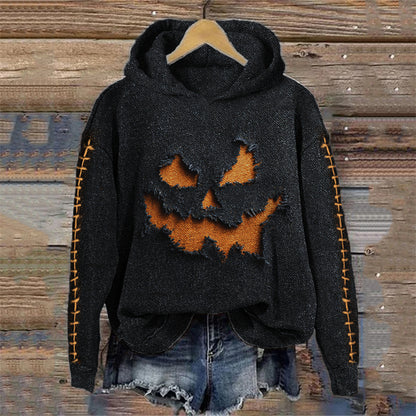 Comstylish Halloween Pumpkin Face Frayed Stitched Embroidered Cozy Hoodie